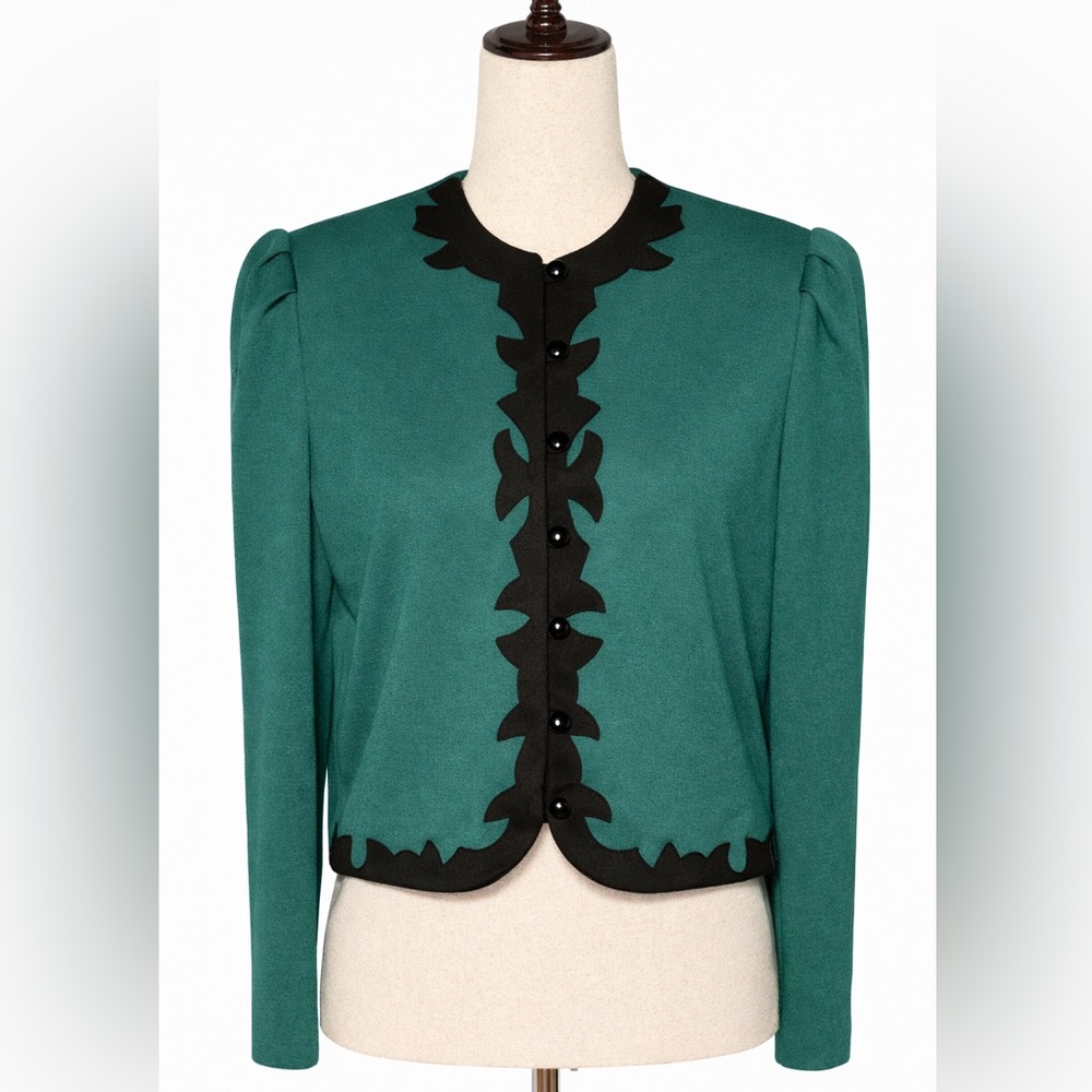 Vintage emerald green and black detail puff sleeve crop jacket top. MP